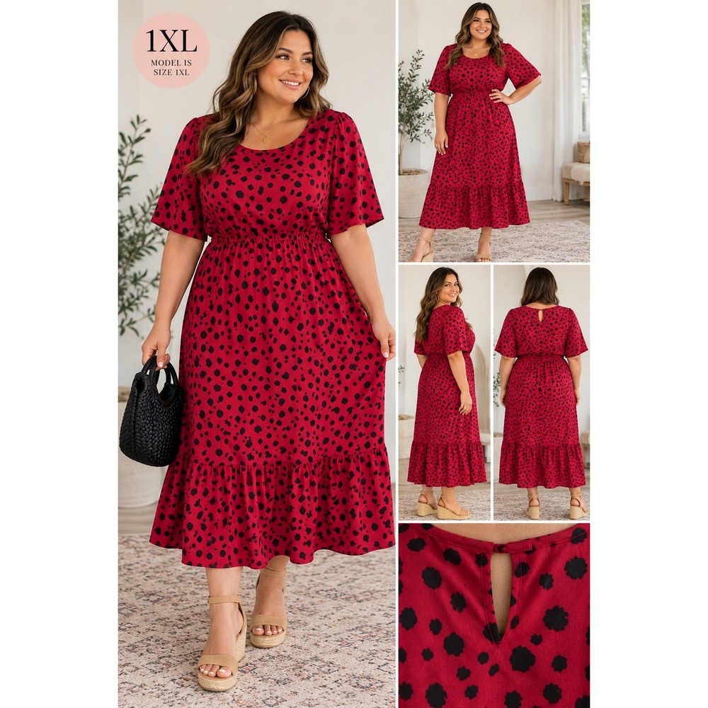 SHEIN Curve Red Black Dalmatian Print Tiered Ruffle Midi Dress 1XL